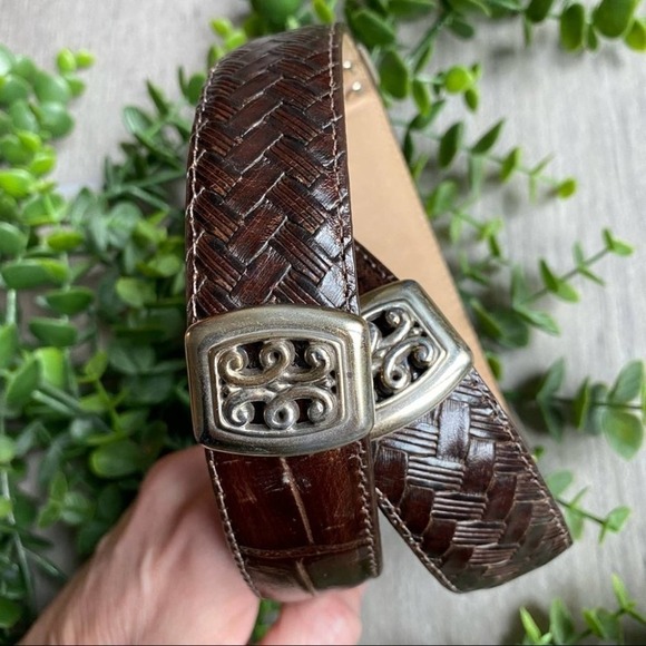Brighton Brown Leather Mixed Patterned Sliver Embellished Belt Small
